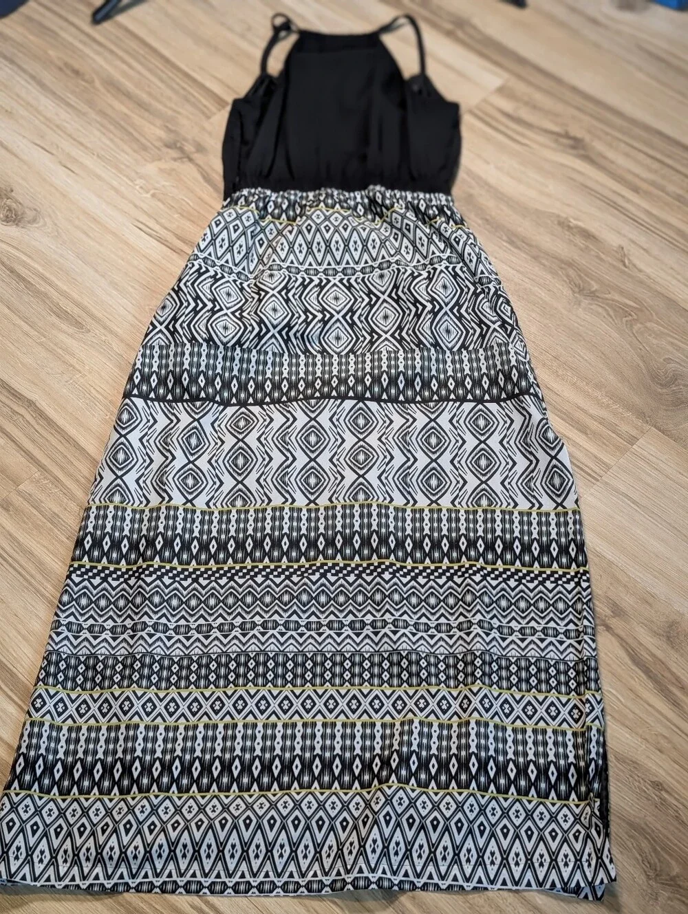 J CREW Black Top With Printed Skirt Maxi Dress Women's Size 4 C3861